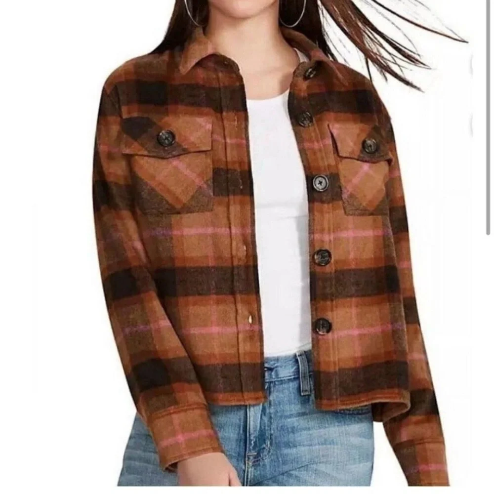 BB Dakota by Steve Madden Tan and Pink Plaid Utility Jacket - Picture 4 of 6